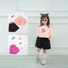 Set Bé Gái Cá Tính Áo Croptop In Hình Gấu Lotso Kèm Quần Đùi