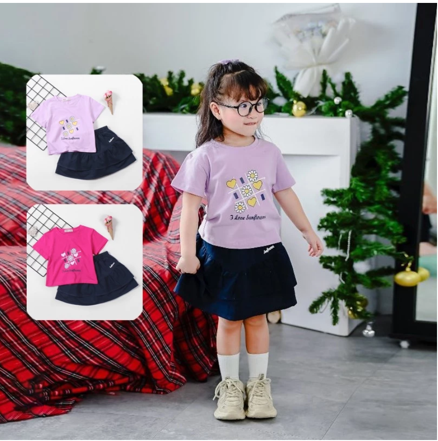Set Áo Thun In Hoa Sun Flower Kèm Chân Váy Linen Bèo Tầng Siêu Điệu Đà Cho Bé Gái  Nexxi