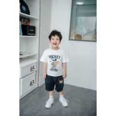 Set Áo Thun Mickey Kèm Quần Jean Lửng In Chữ M Bé Trai