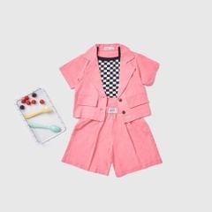 Set Vest Ngắn Tay Bé Gái Kèm Quần Đùi Chất Liệu Linen Mix Áo Thun Caro