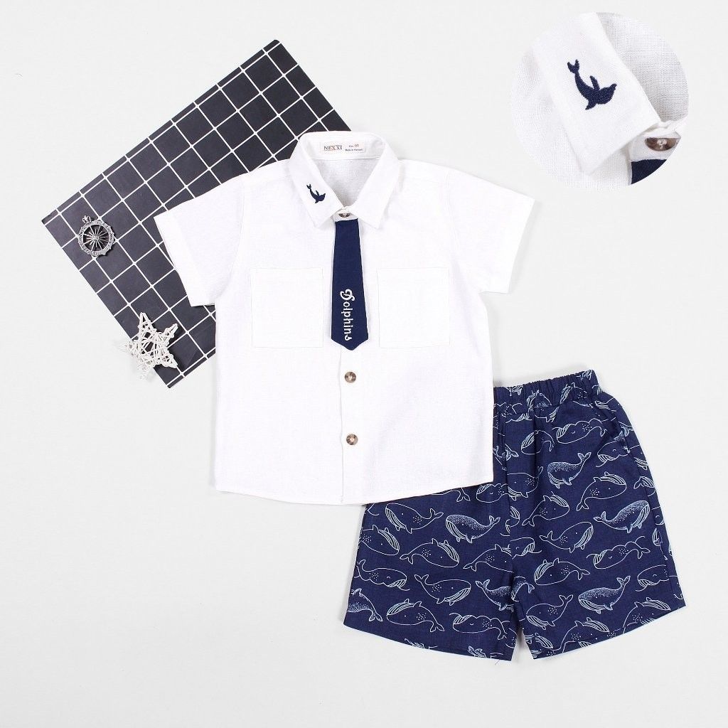 Set Áo Sơ Mi Phối Cà Vạt Kèm Quần Lửng Họa Tiết Dolphin