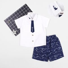 Set Áo Sơ Mi Phối Cà Vạt Kèm Quần Lửng Họa Tiết Dolphin