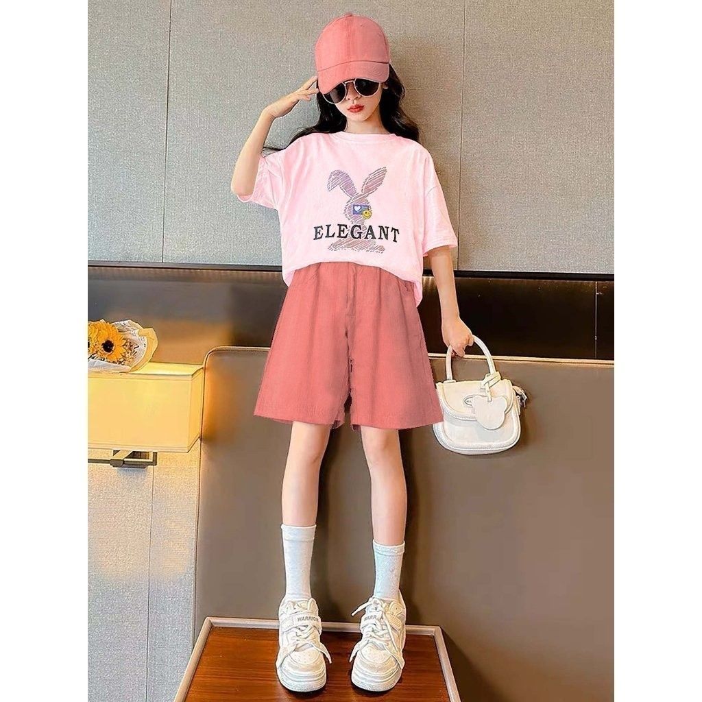 Set Quần Lửng Linen Kèm Áo Thun Thỏ Elegant Bé Gái