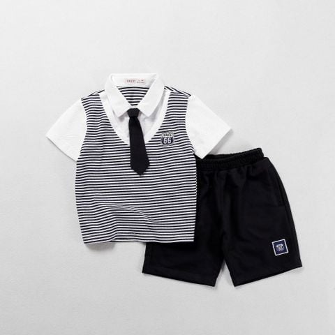 Bộ Thun Lửng Giả Vest Sọc Phối Cà Vạt Bé Trai