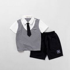 Bộ Thun Lửng Giả Vest Sọc Phối Cà Vạt Bé Trai