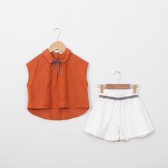 Set Áo Tơ Nơ Caro Kèm Quần Đùi Linen Bé Gái