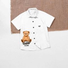 Áo Sơ Mi Trắng Ngắn Tay In Họa Tiết Gấu Và Xe