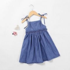 Đầm Jean 2 Dây Nơ Xếp Ly Ngực Bé Gái