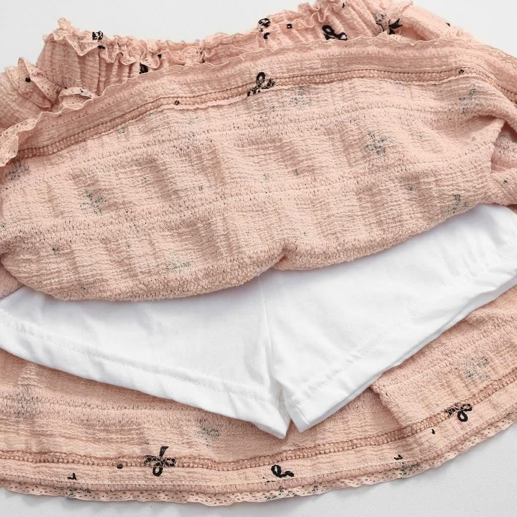 Set Váy Áo Thun Gân Đính Nơ Kèm Chân Váy Ren Nơ Bé Gái Nexxi