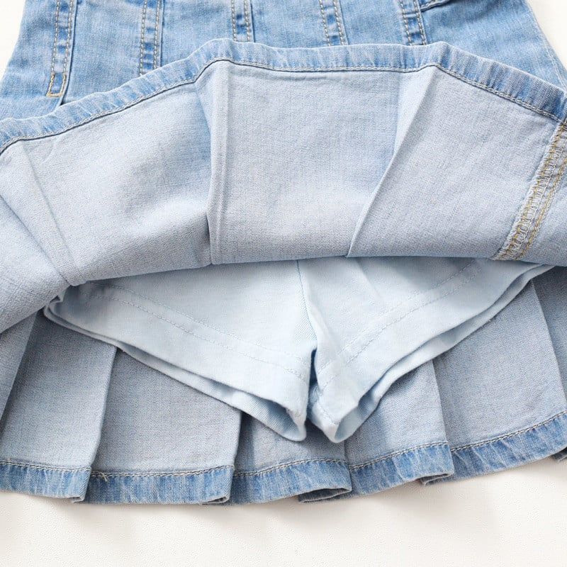 Chân Váy Jean Xếp Ly Bé Gái Dây Nút Lưng
