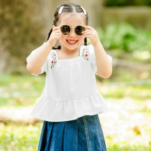 Áo Kiểu Linen Xoè Thêu Hoa Vai Điệu Đà Cho Bé Gái Nexxi