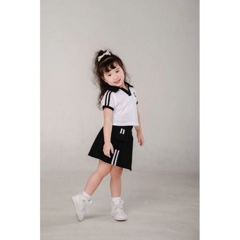 Set Chân Váy Túi Hộp Kèm Áo Thun Cổ Bẻ Thêu Gấu Cho Bé Gái