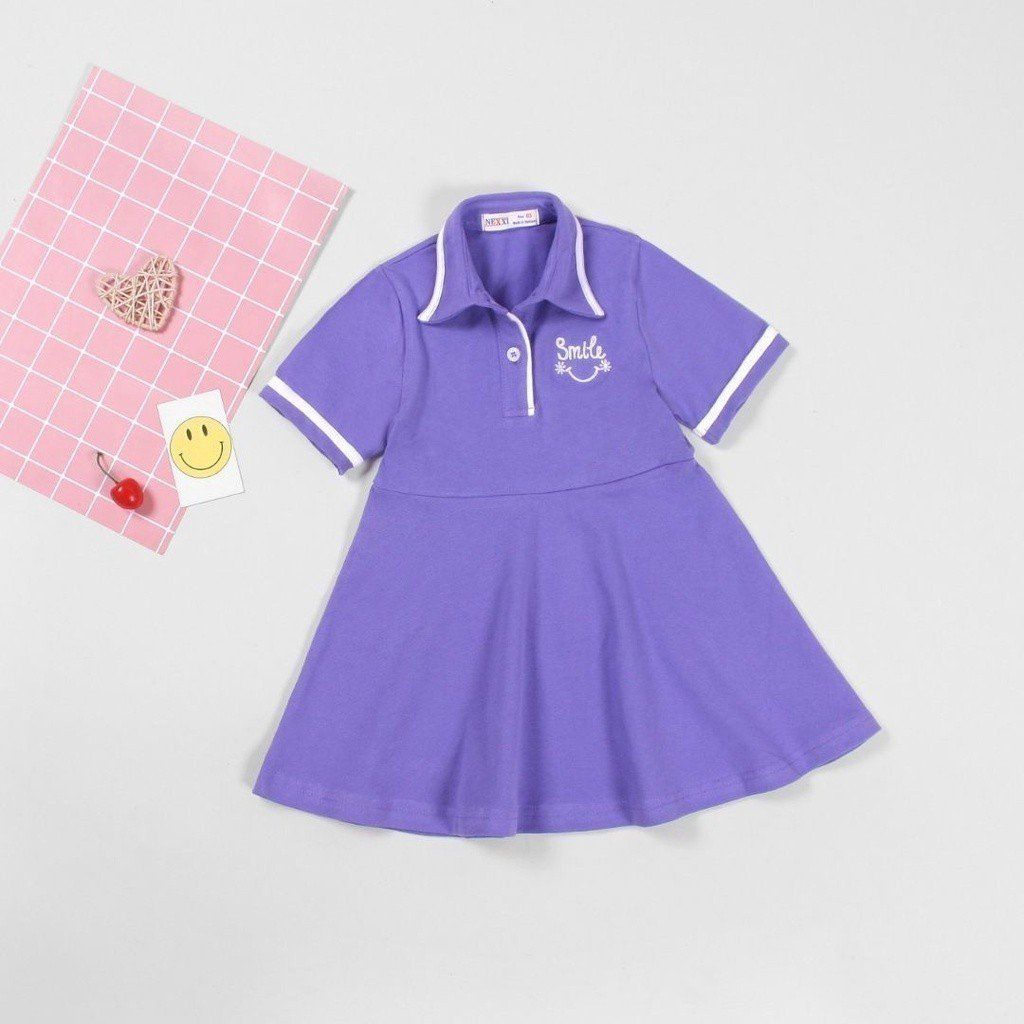 Đầm Polo Xòe Bé Gái Thêu Chữ Smile
