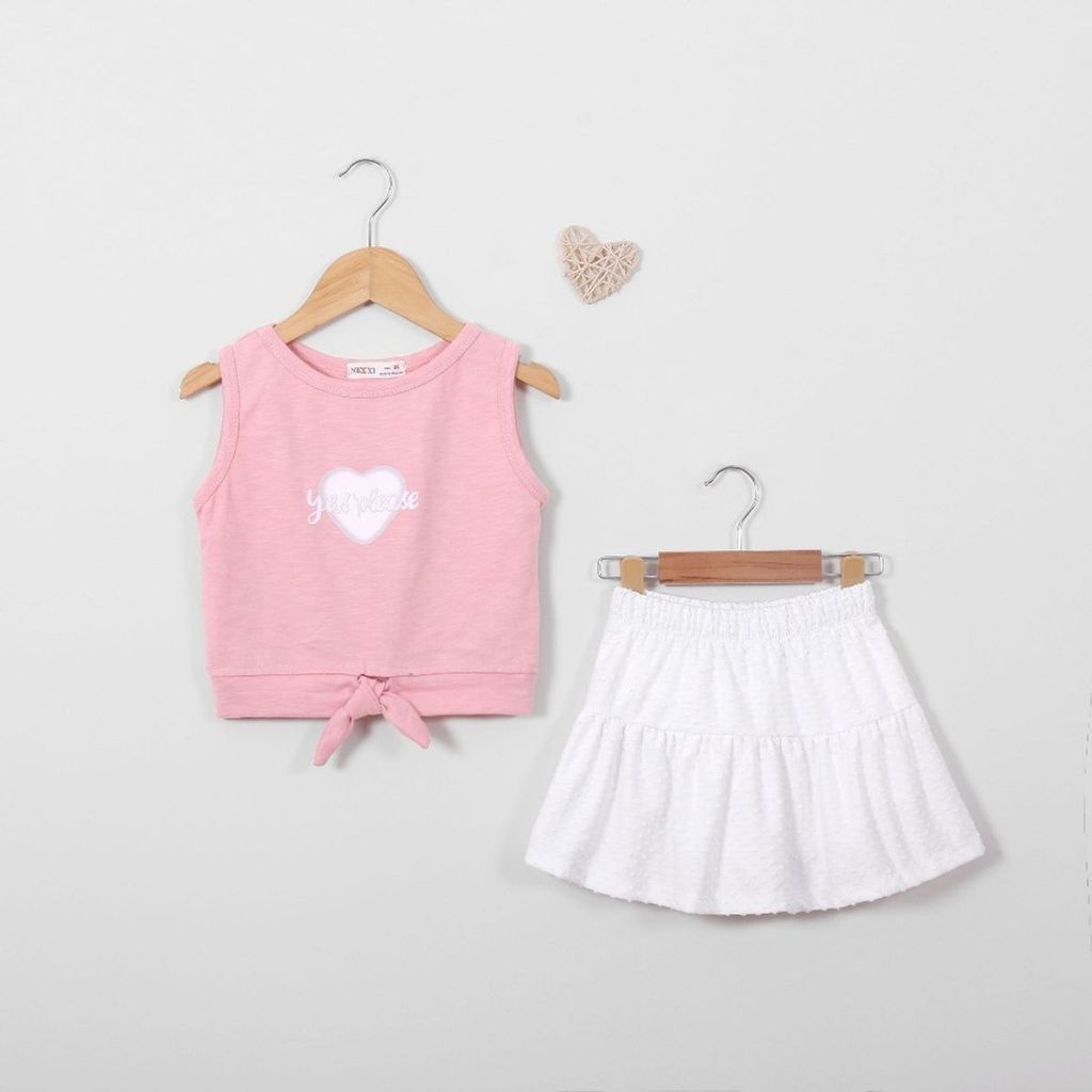 Bộ Thun Chân Váy Xếp Ly Kèm Áo Sát Nách Yes Please Bé Gái
