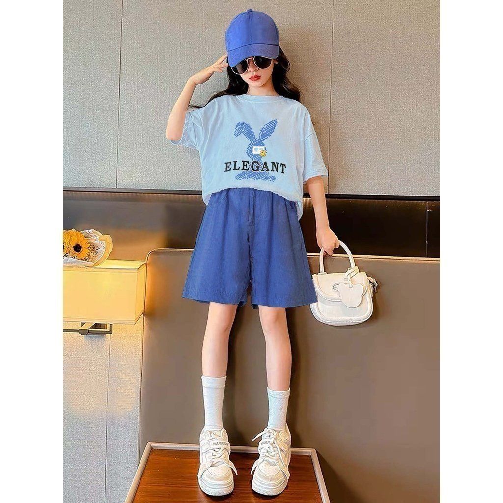 Set Quần Lửng Linen Kèm Áo Thun Thỏ Elegant Bé Gái