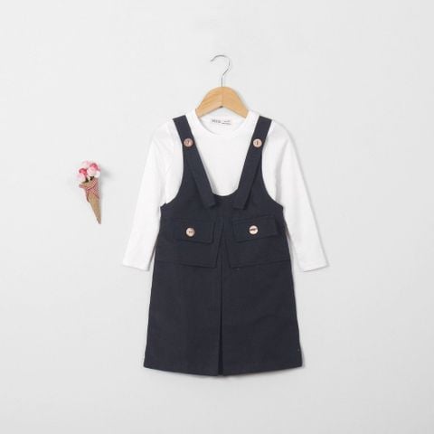 Set Yếm Váy KaKi 2 Túi Giả Kèm Áo Thun Trắng Dài Tay Bé Gái