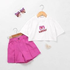 Set Bé Gái Cá Tính Áo Croptop In Hình Gấu Lotso Kèm Quần Đùi