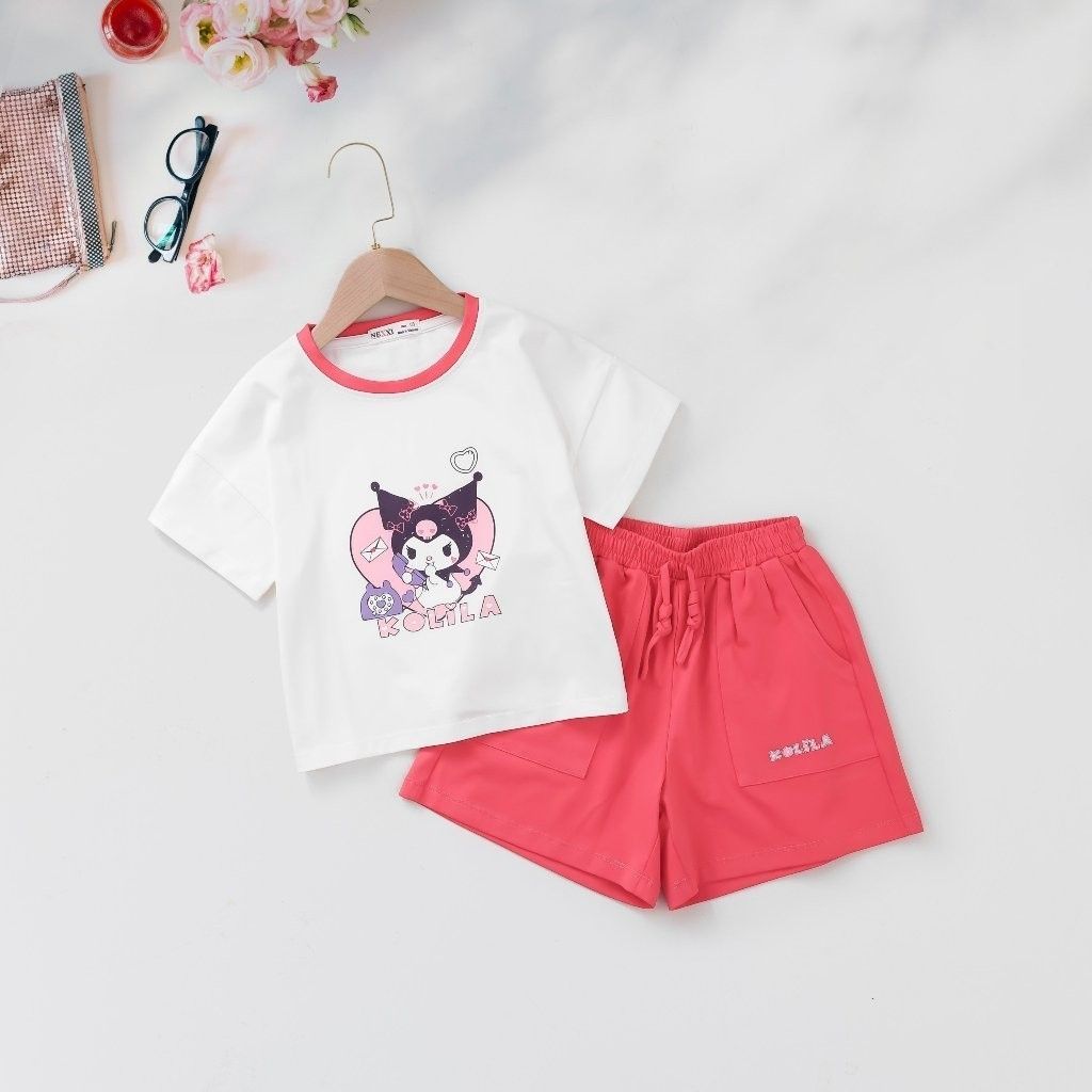 Bộ Thun Cotton Viền Màu Hình In Kuromi Kolila Bé Gái