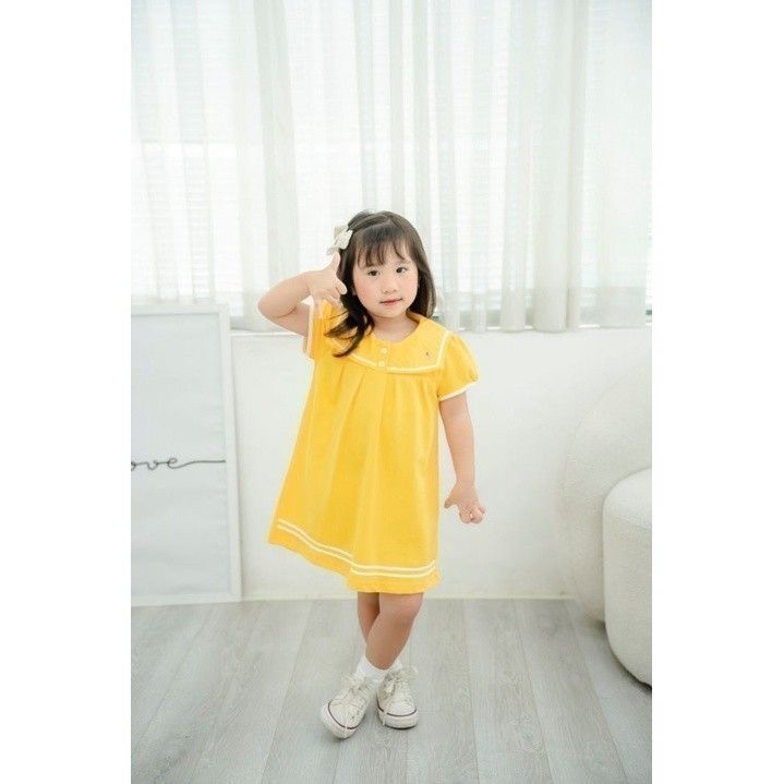 Đầm BabyDoll Bé Gái Lá Cổ Vuông Phối Viền Sọc