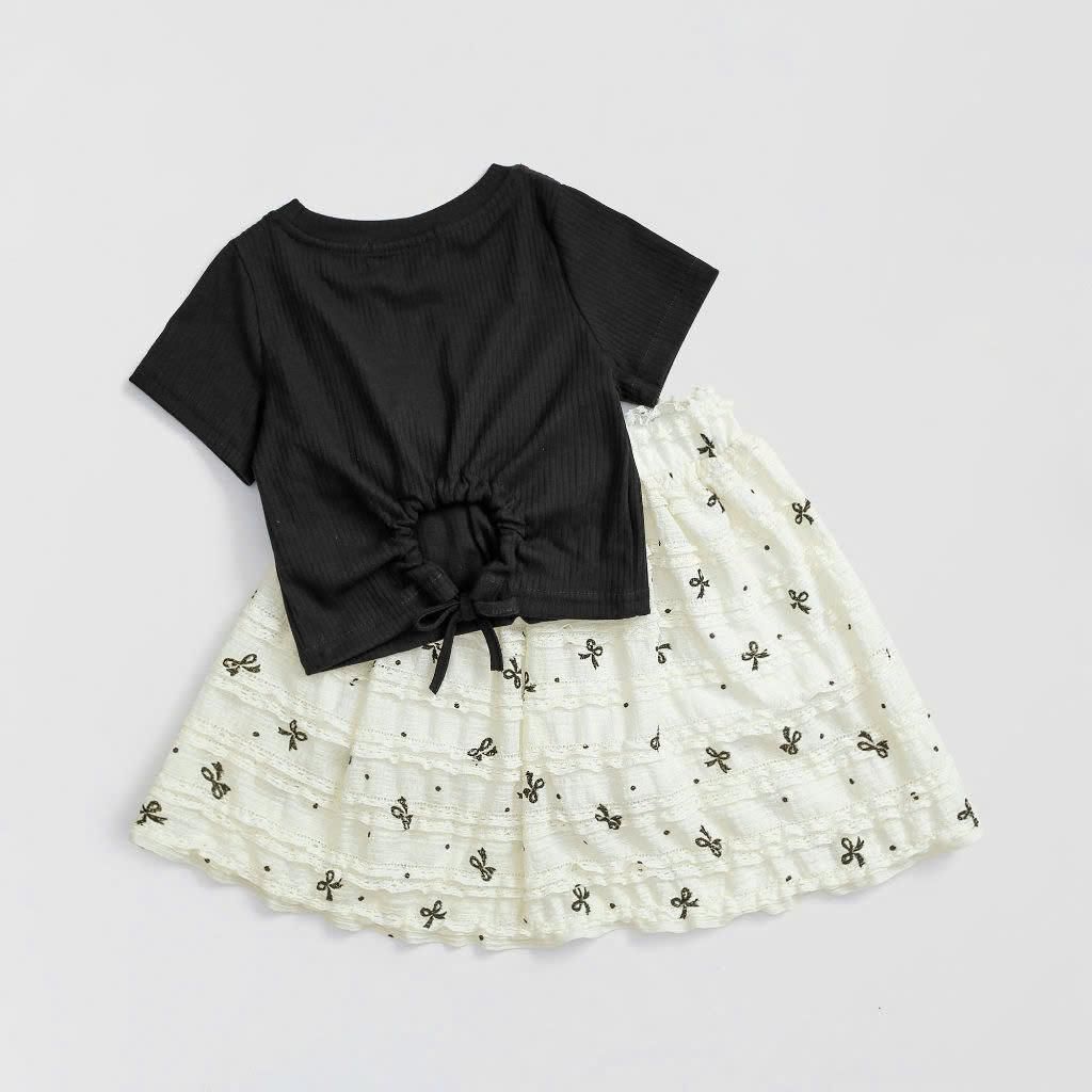 Set Váy Áo Thun Gân Đính Nơ Kèm Chân Váy Ren Nơ Bé Gái Nexxi