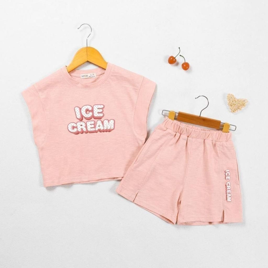 Bộ Thun Ngắn Tay Bé Gái Cá Tính In Chữ Ice Cream