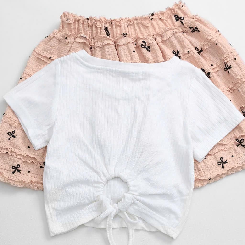 Set Váy Áo Thun Gân Đính Nơ Kèm Chân Váy Ren Nơ Bé Gái Nexxi