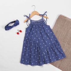 Đầm Maxi Jean Hai Dây Hoạ Tiết Kèm Băng Đô Bé Gái