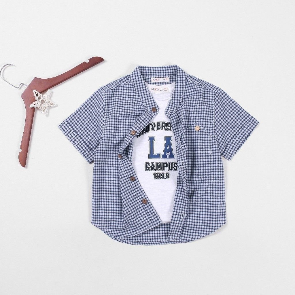 Set Sơ Mi Caro Cổ Trụ Bé Trai Kèm Áo Thun In LA
