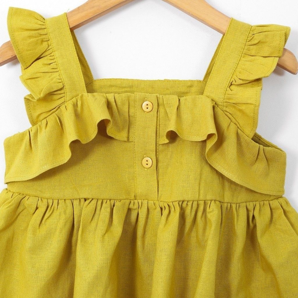 Bộ Áo Hai Dây Viền Bèo Kèm Quần Lửng Ống Rộng Chất Liệu Linen Cho Bé Gái