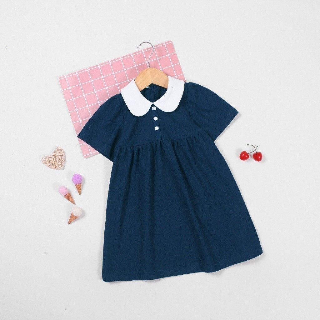 Đầm Babydoll Bé Gái Phối Nút Cổ