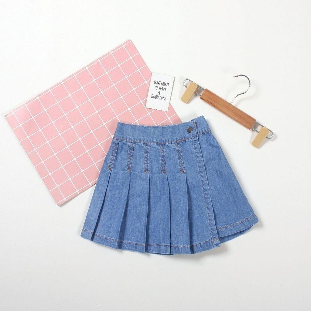 Quần Váy Jean Tà Xếp Ly Bé Gái