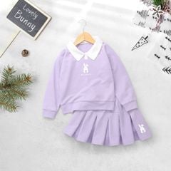 Set Áo Thun Dài Tay Cổ Bẻ Bunny Kèm Chân Váy Bé Gái