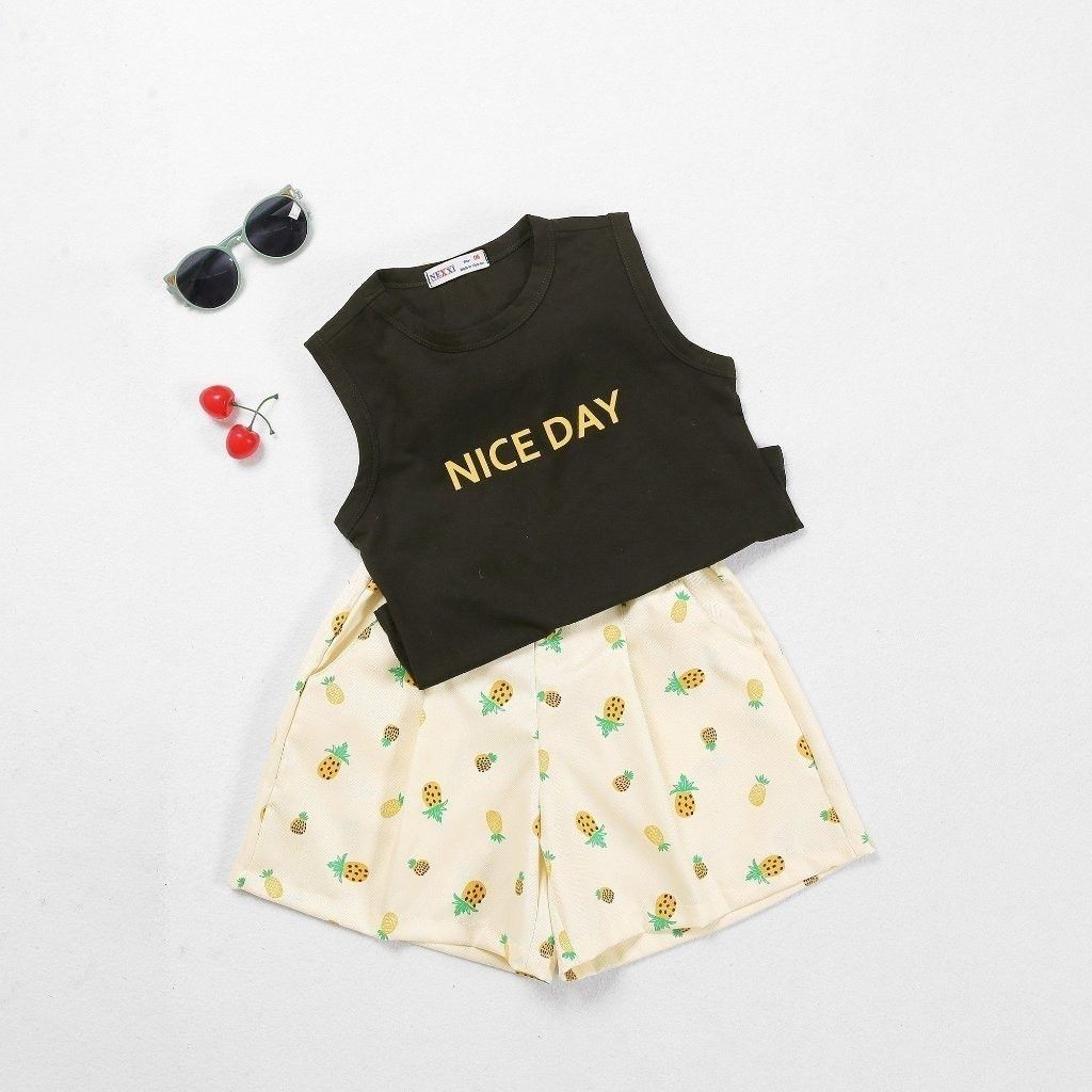 Set Áo Thun Sát Nách Niceday Kèm Quần Đùi In Hoạ Tiết Trái Thơm Bé Gái