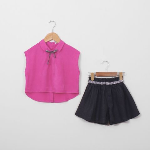 Set Áo Tơ Nơ Caro Kèm Quần Đùi Linen Bé Gái