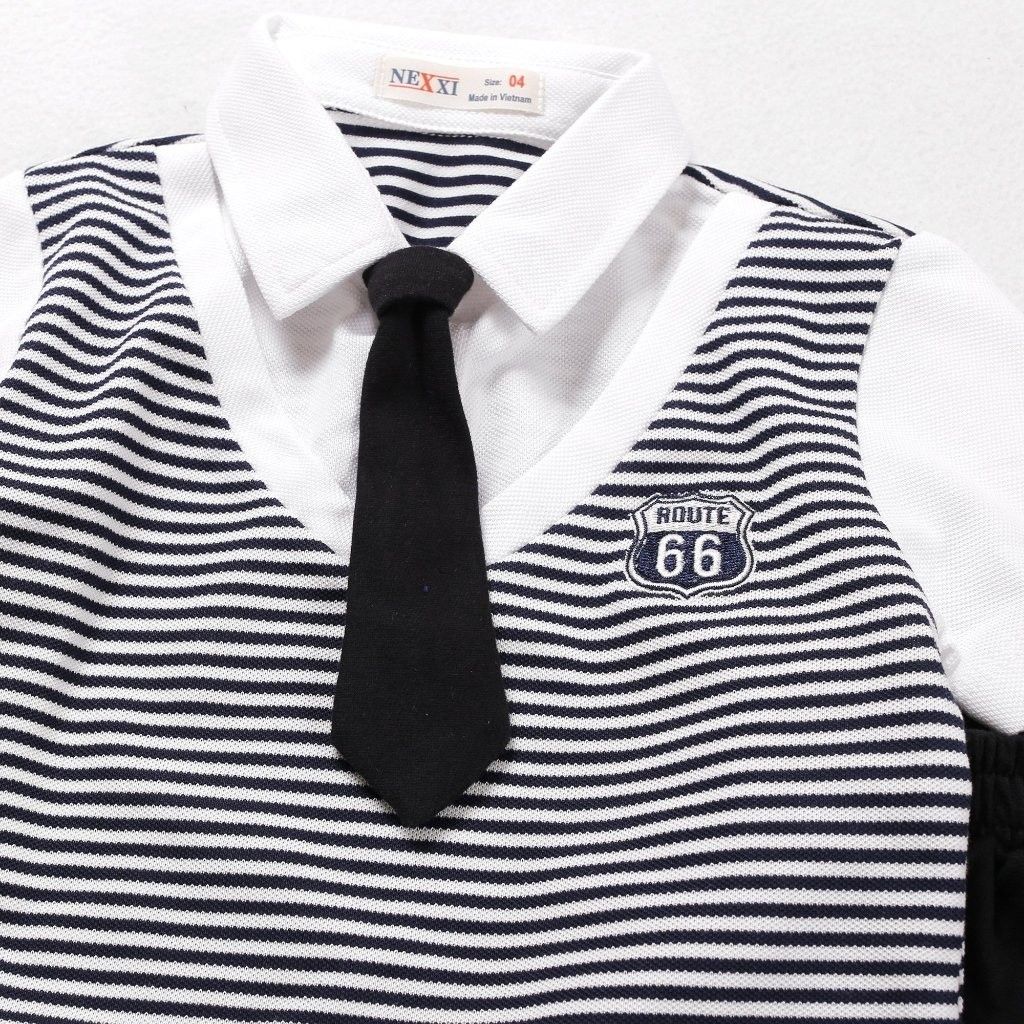 Bộ Thun Lửng Giả Vest Sọc Phối Cà Vạt Bé Trai