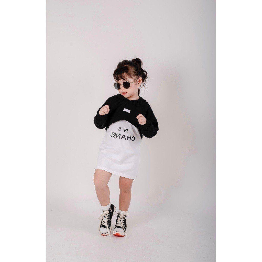 Set Đầm Tank Top Kèm Áo Hoodie Croptop Bé Gái