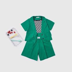 Set Vest Ngắn Tay Bé Gái Kèm Quần Đùi Chất Liệu Linen Mix Áo Thun Caro