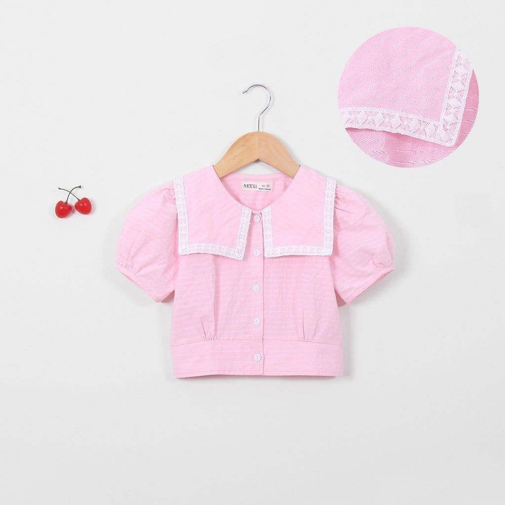 Áo Sơ Mi Bé Gái Lá Cổ Vuông Viền Ren