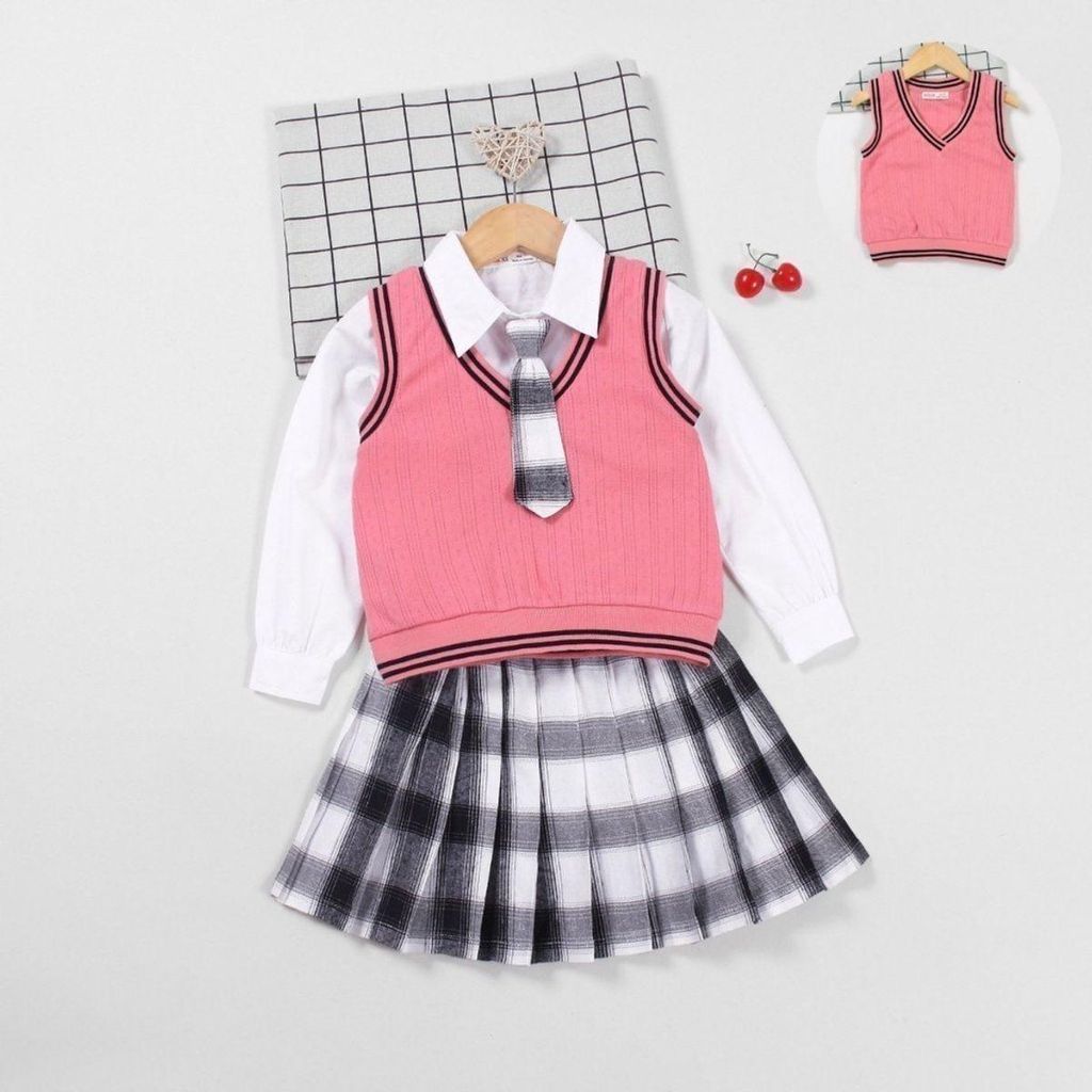 Set Nữ Sinh Váy Caro Áo Sơ Mi Và Áo Ghi Lê Mix Cà Vạt Cho Bé Gái