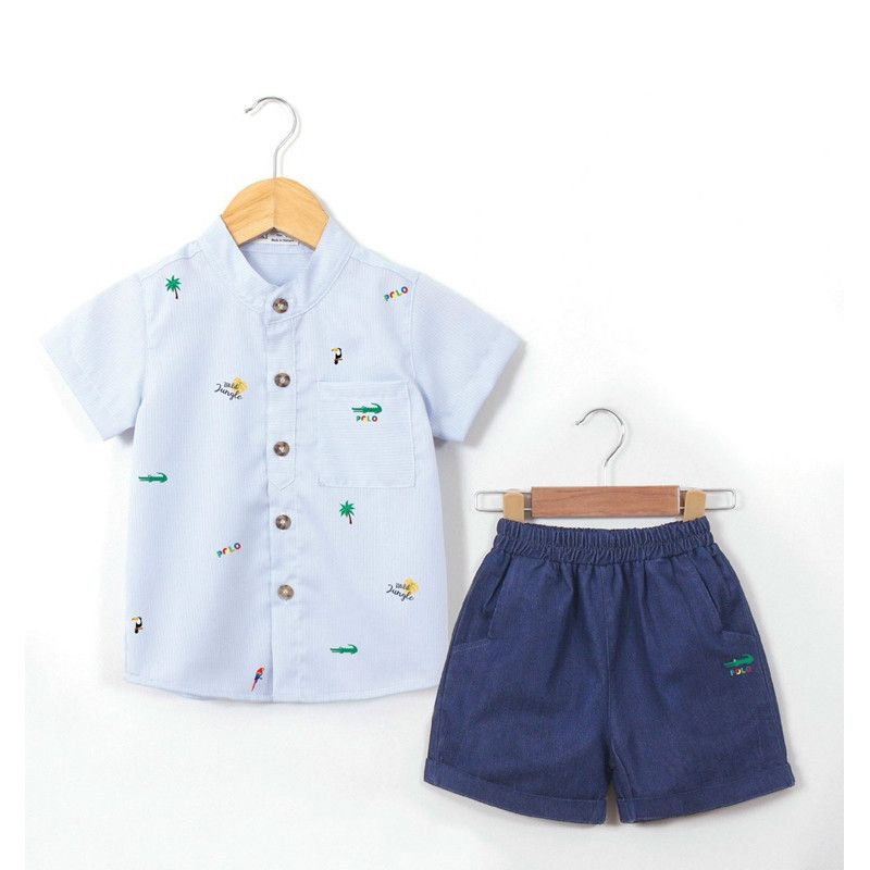 Set Bé Trai Sơ Mi Cổ Trụ In Họa Tiết Cá Sấu Kèm Quần Sọt Jean