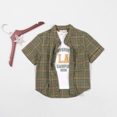 Set Sơ Mi Caro Cổ Trụ Bé Trai Kèm Áo Thun In LA