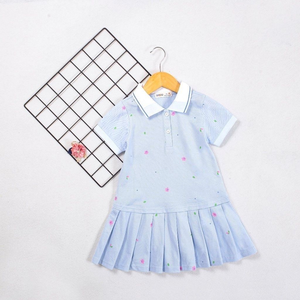 Đầm Polo Xếp Ly Bé Gái Hoạ Tiết Hoa Nhí