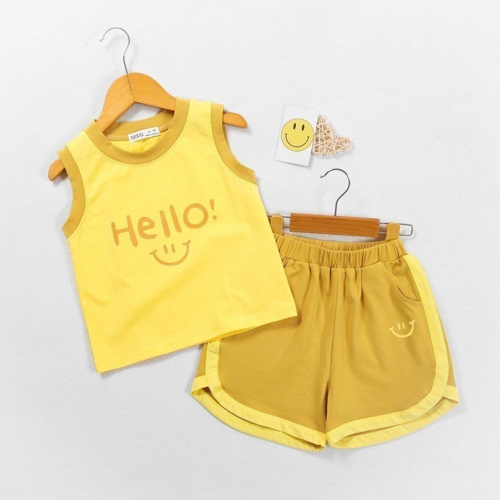 Bộ Thun Sát Nách Bé Gái In Hình Gấu + Hello