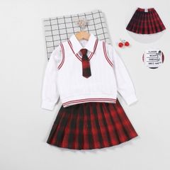 Set Nữ Sinh Váy Caro Áo Sơ Mi Và Áo Ghi Lê Mix Cà Vạt Cho Bé Gái