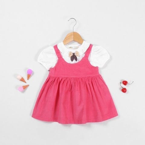 Set Yếm Nhung Kèm Áo Thun Nơ Len Bé Gái