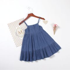 Đầm Jean Hai Dây Xoè Smocking Bé Gái