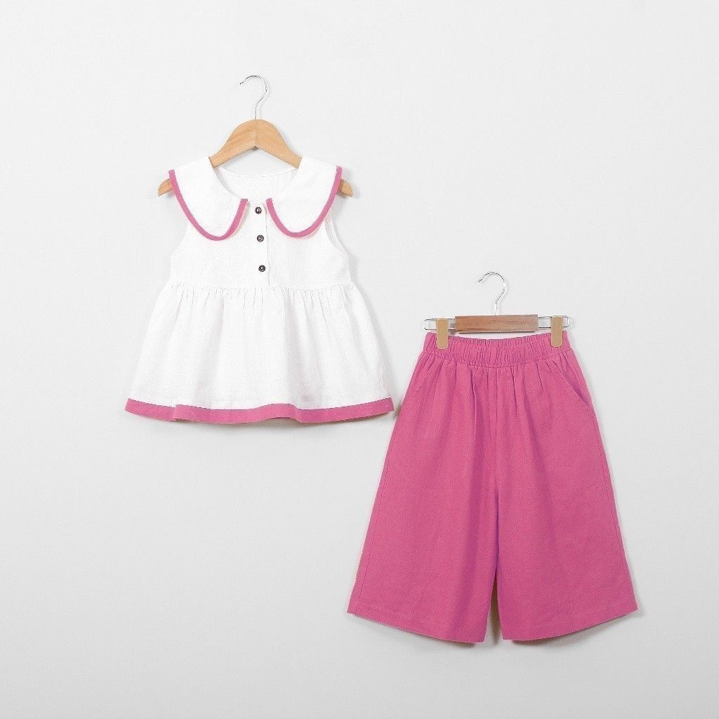 Set Áo Cổ Sen Viền Màu Kèm Quần Dài Ống Rộng Bé Gái