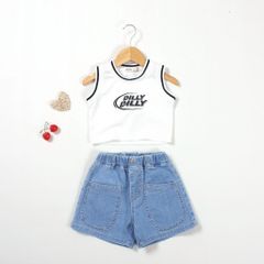 Set Thời Trang Bé Gái Áo Thun Sát Nách In Chữ Dilly Kèm Quần Short Jean