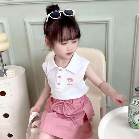 Set Áo Thun Cổ Bẻ In Thỏ My Melody Kèm Chân Váy Túi Hộp Bé Gái Nexxi