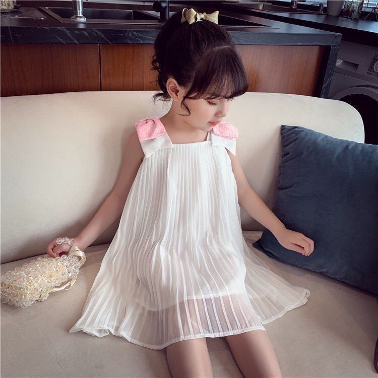 Đầm Voan Bé Gái Dập Ly Nơ Vai Kiểu